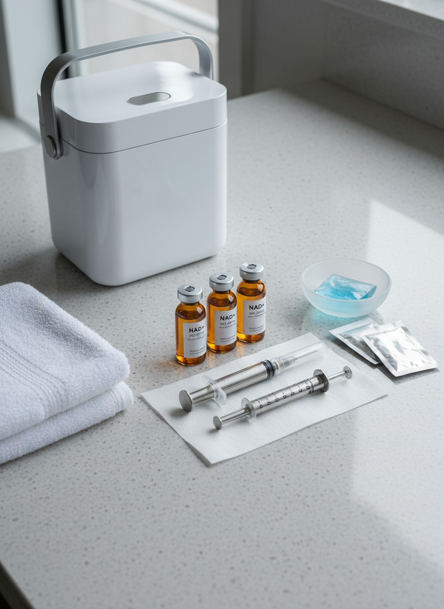 An immaculate NAD+ injection setup displayed on a smooth, light stone countertop: slender amber vials with clear labels, a precision stainless steel syringe, sealed alcohol swabs, and a small frosted glass dish with a single ice pack. A folded, high-thread-count white towel and a minimalist, battery-powered cooler sit nearby. Cool, diffused natural light from an unseen window to the left casts soft reflections on the glass and metal surfaces. Photographic realism with a centered, top-down composition captures every detail with sharp clarity, while the background remains uncluttered, creating a sophisticated, science-meets-spa atmosphere ideal for premium wellness services branding.