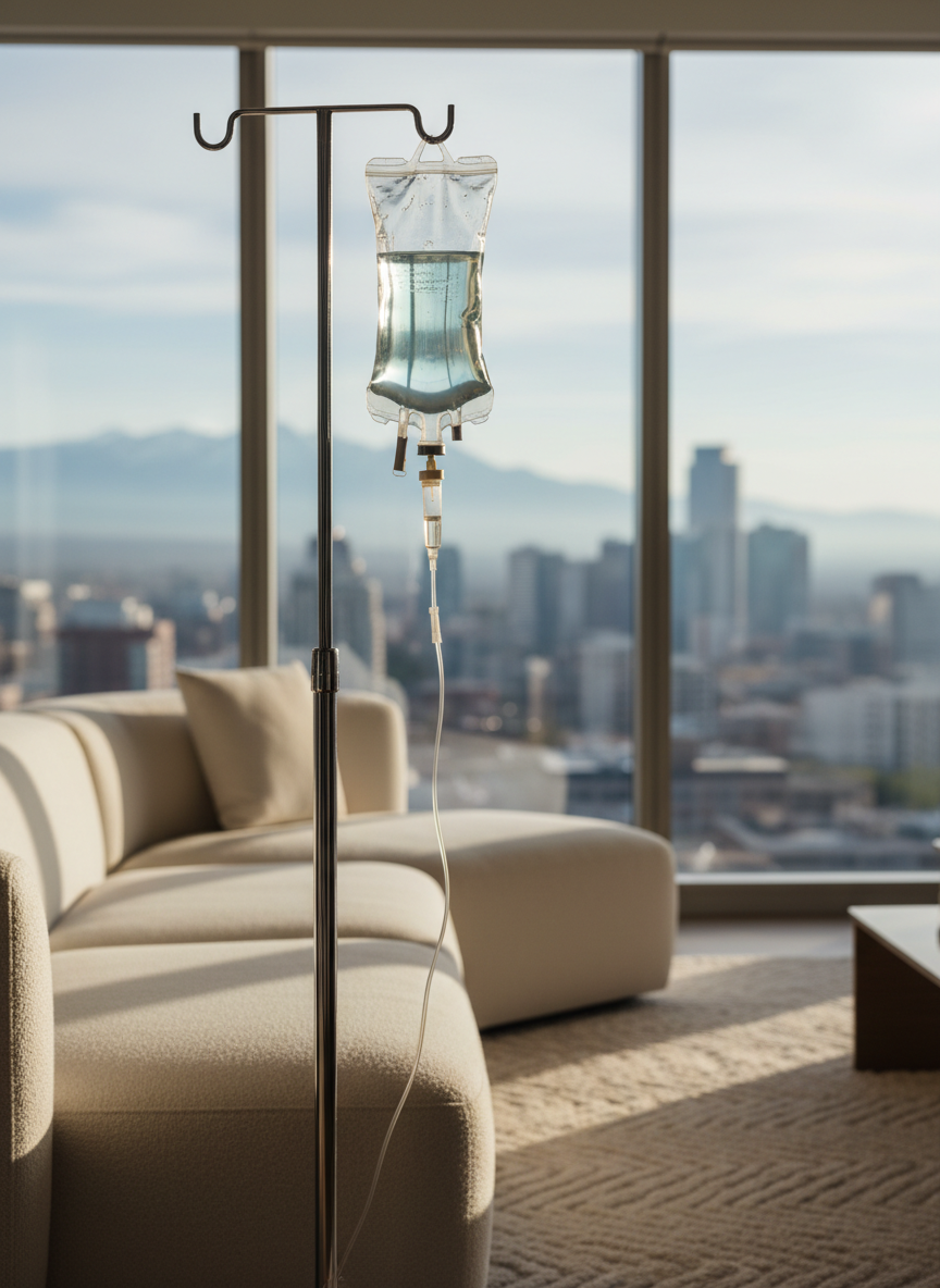 A sleek, transparent IV hydration bag filled with a pale aqua solution hangs from a minimalist chrome stand beside a contemporary cream-colored sofa in a high-rise Denver living room. Floor-to-ceiling windows reveal a softly blurred city skyline and distant mountains. Late afternoon natural light pours in, creating delicate reflections on the liquid and polished metal, with gentle shadows on the plush area rug. Photographic realism with a clean, modern aesthetic, captured at eye level with a shallow depth of field that keeps the IV setup in crisp focus while the sophisticated home environment remains softly out of focus, evoking luxury, privacy, and calm wellness.