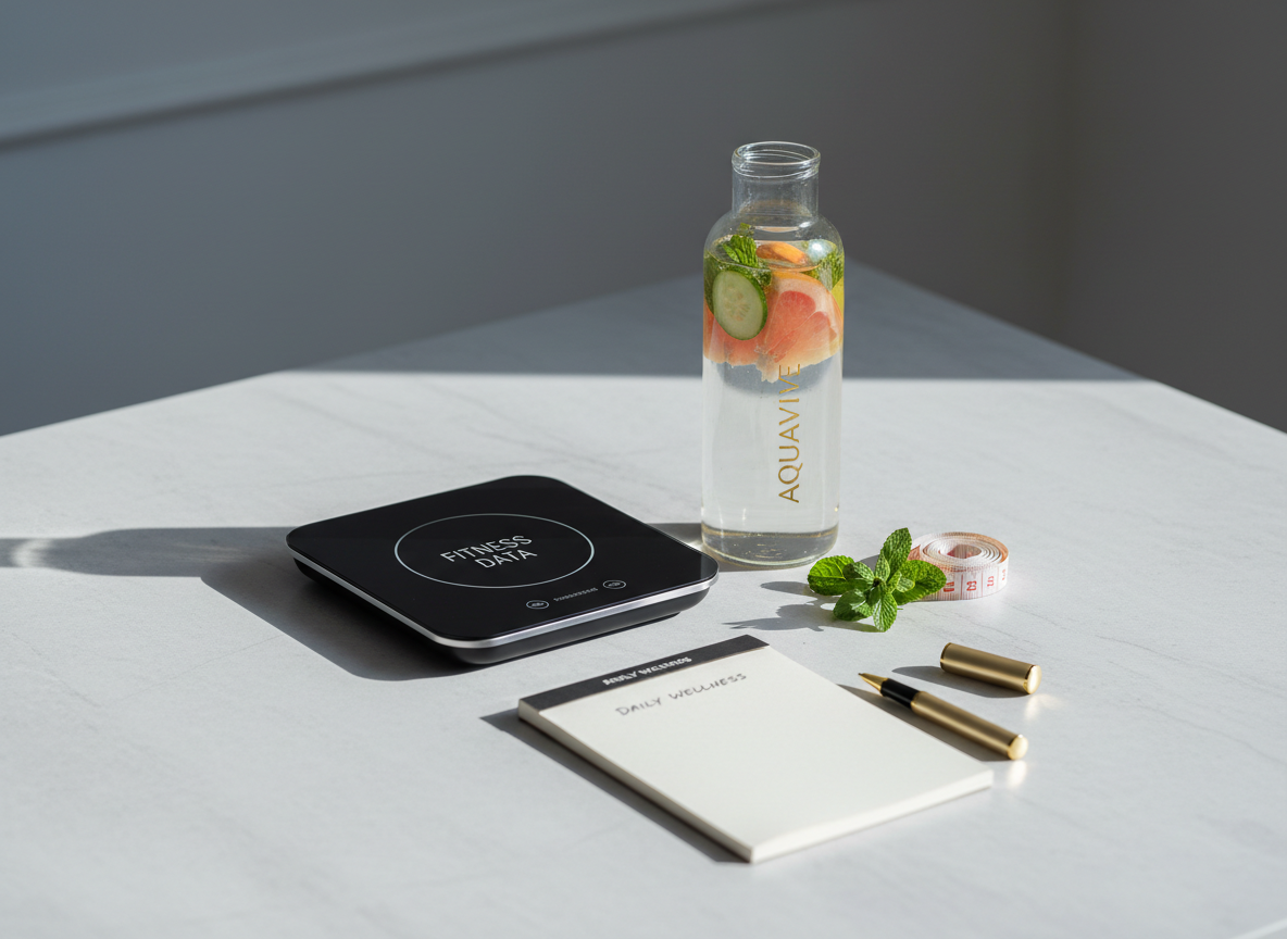 A sleek, editorial flat-lay of personalised wellness tools on a smooth light stone surface: a small digital body composition scale, a slim glass water bottle with a pastel infusion, a folded cream-coloured notepad with a clean pen, and a sprig of fresh mint beside a measuring tape coiled neatly. Cool, diffused natural light from the left creates soft shadows and gentle reflections on the glass and metal. Top-down composition with centered symmetry, minimal background clutter, conveying science-meets-luxury mobile wellness.